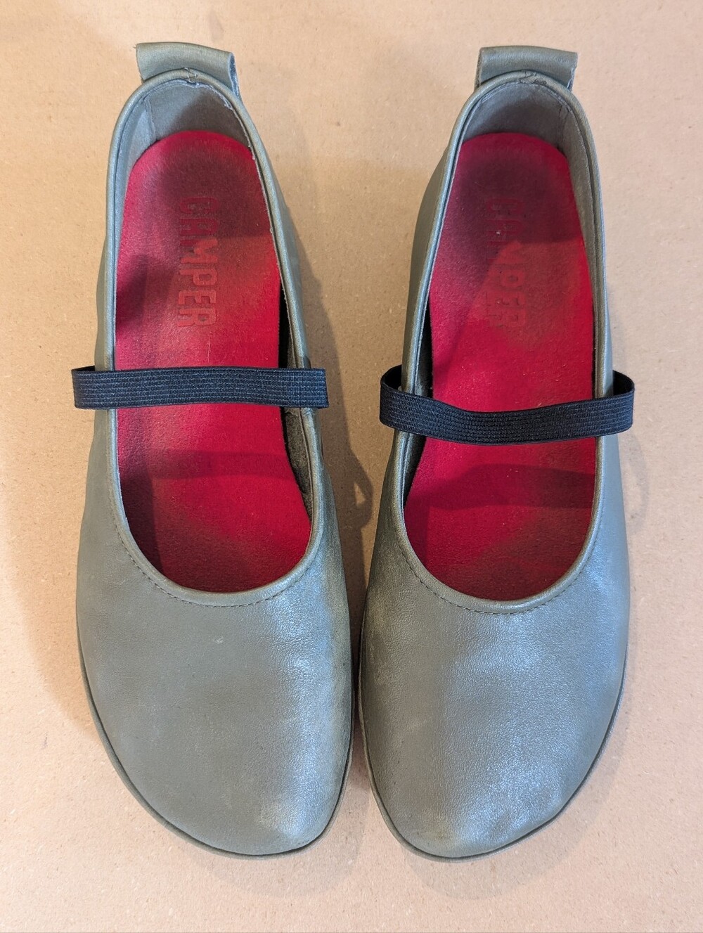 Camper Olive Green Mary Jane Flats with Red Insoles